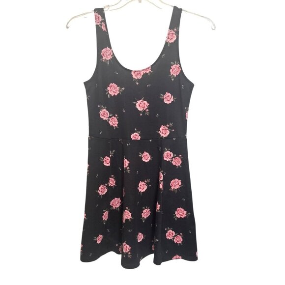 H&M Divided Girls Tank Dress Black & Pink Roses Sleeveless Skater Dress‎ Size S - Picture 1 of 5